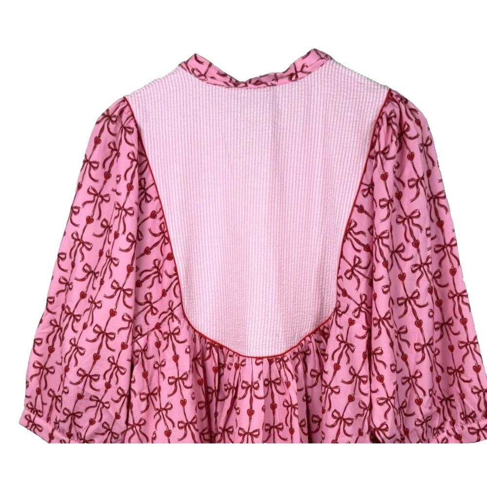 Simply Southern Pink Bow Yoke Babydoll Dress Puff Sleeve Valentine Coquette L - Picture 7 of 13